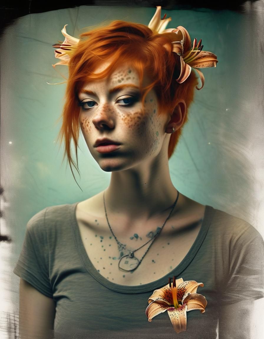 Cross-Eyed Freckled Woman with Tiger Lily, 3D Portrait