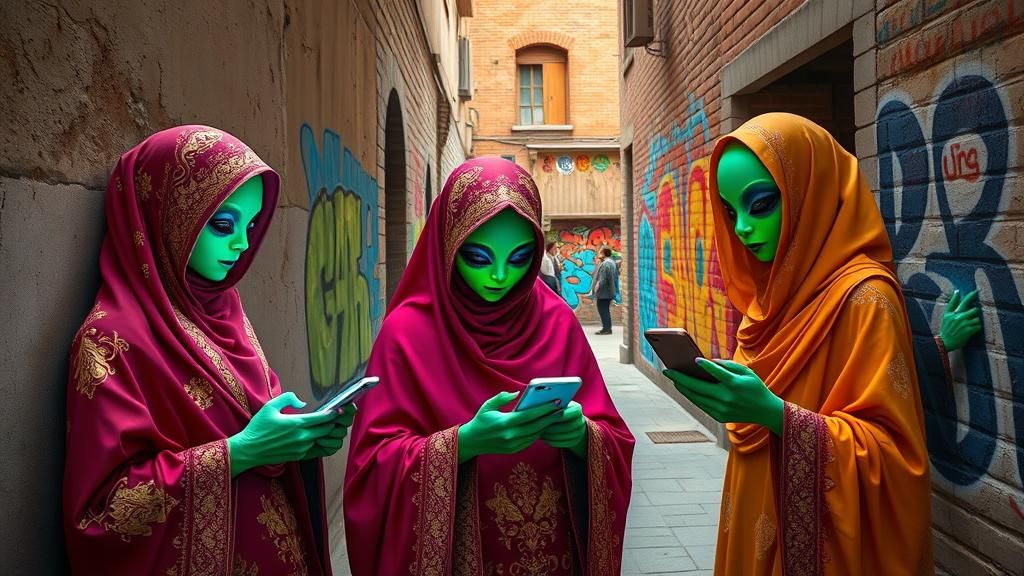 Women Watch Alien Graffiti Art in Surreal Style