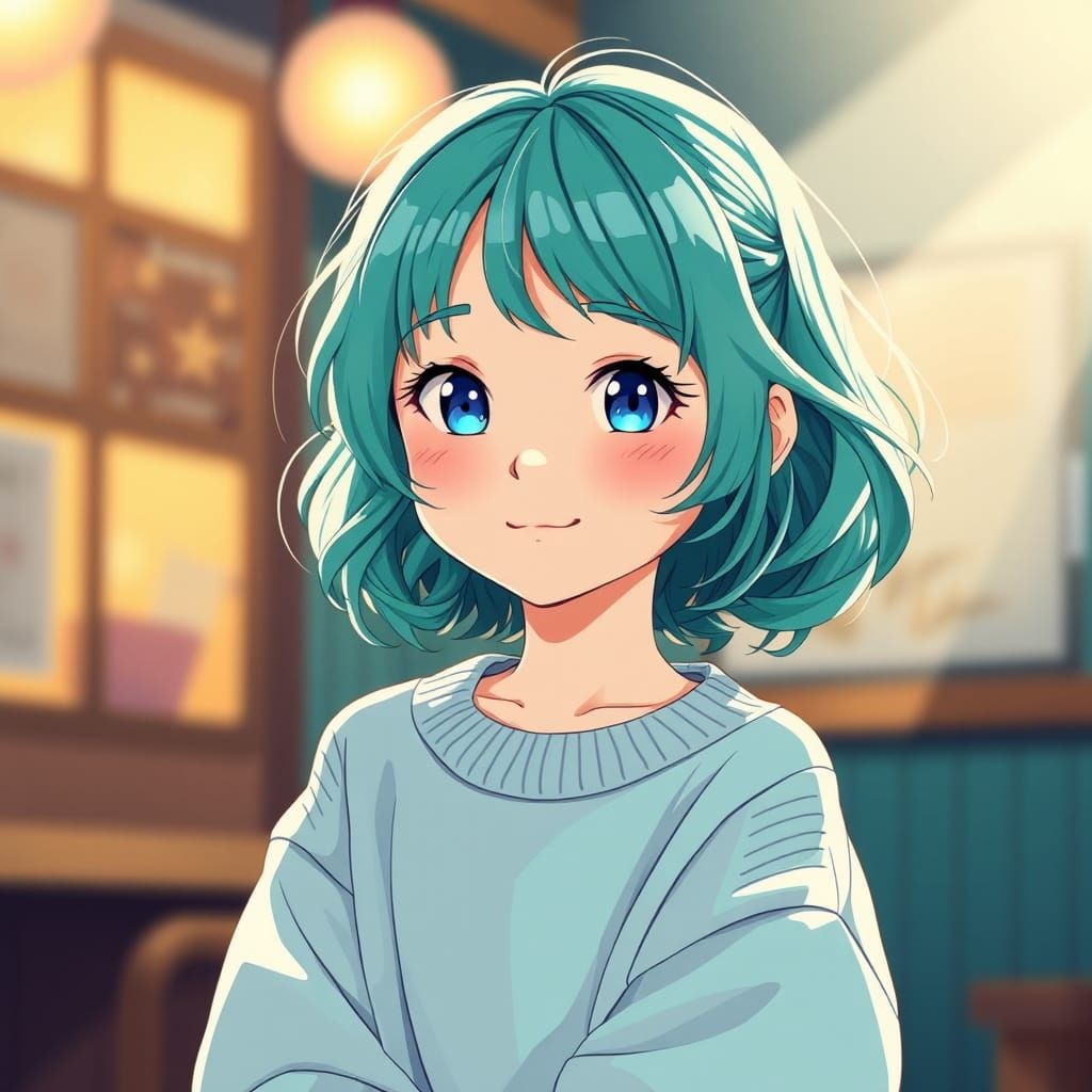 Adorable Teal-Haired Girl in Manga Anime Style