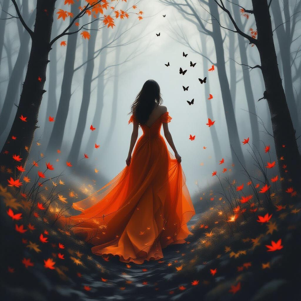 Woman in Glowing Gown in Misty Forest, Painterly Textures