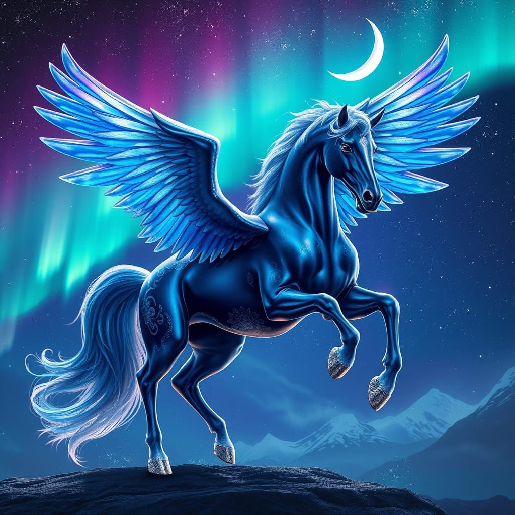 Majestic Navy Blue-Violet Pegasus in a Magical Night Sky