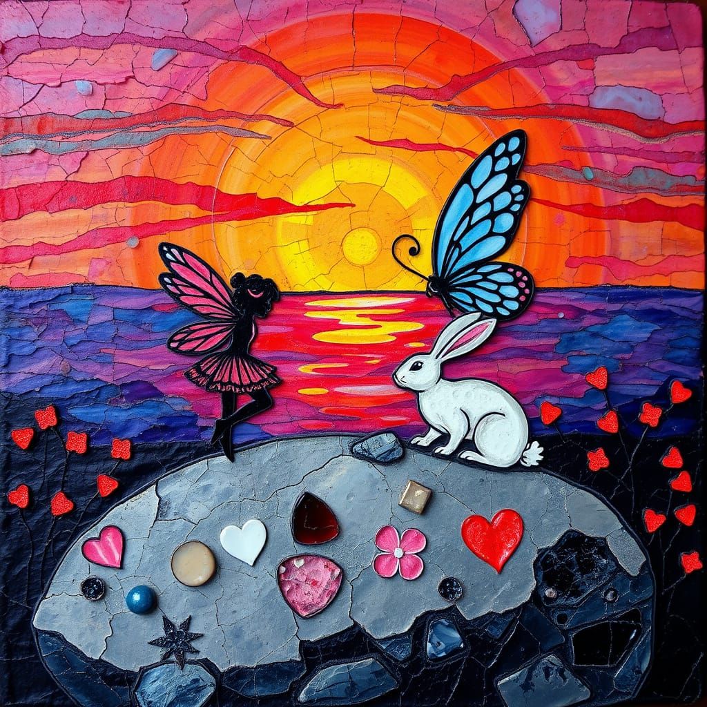 Dreamlike Encounter of Fairy and Rabbit in Vibrant Sunset