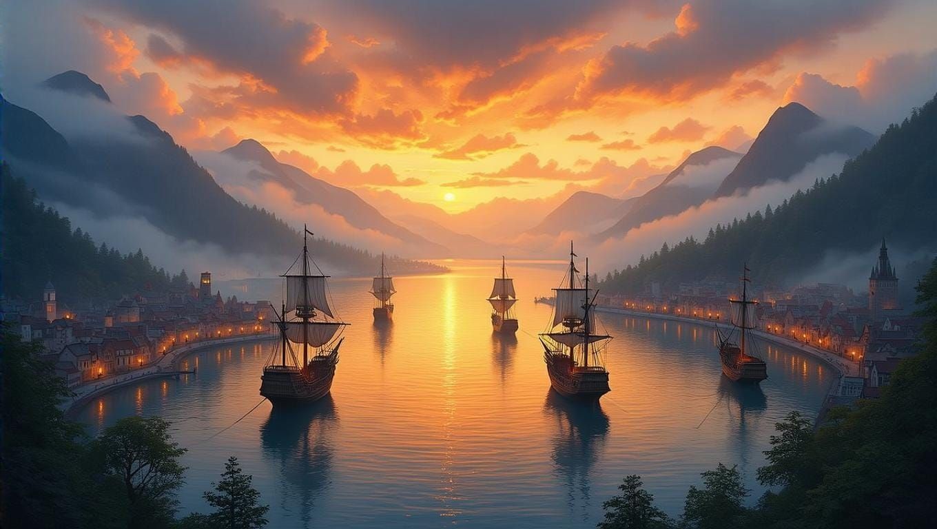 Dreamy Harbor Town at Twilight with Sailing Ships