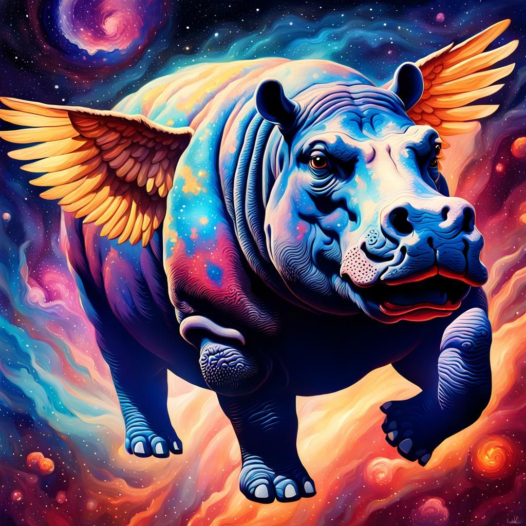 Winged Hippo Soaring Through Nebula: Hyperrealism Fantasy