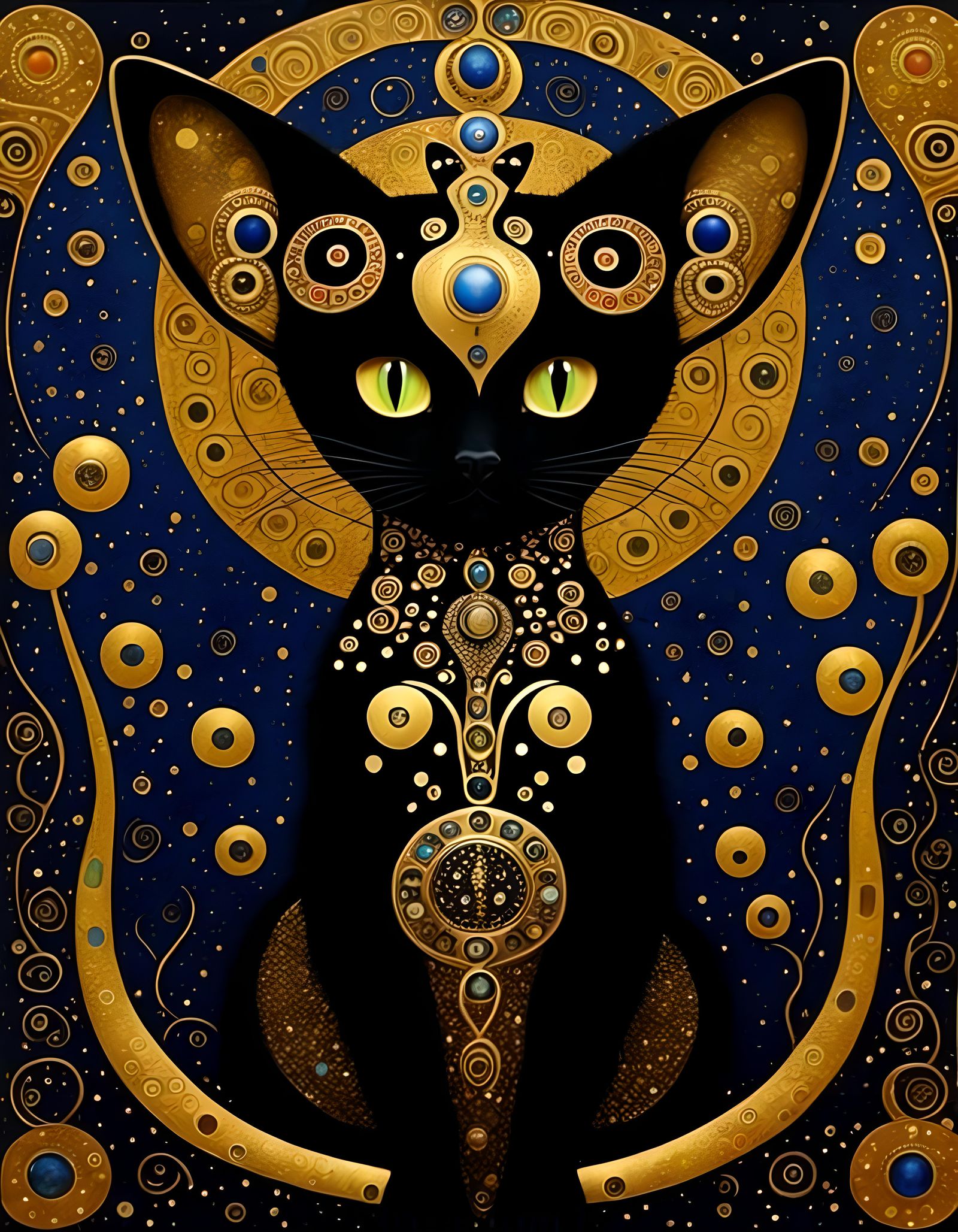 Black Cat in Klimt-Inspired Surrealism