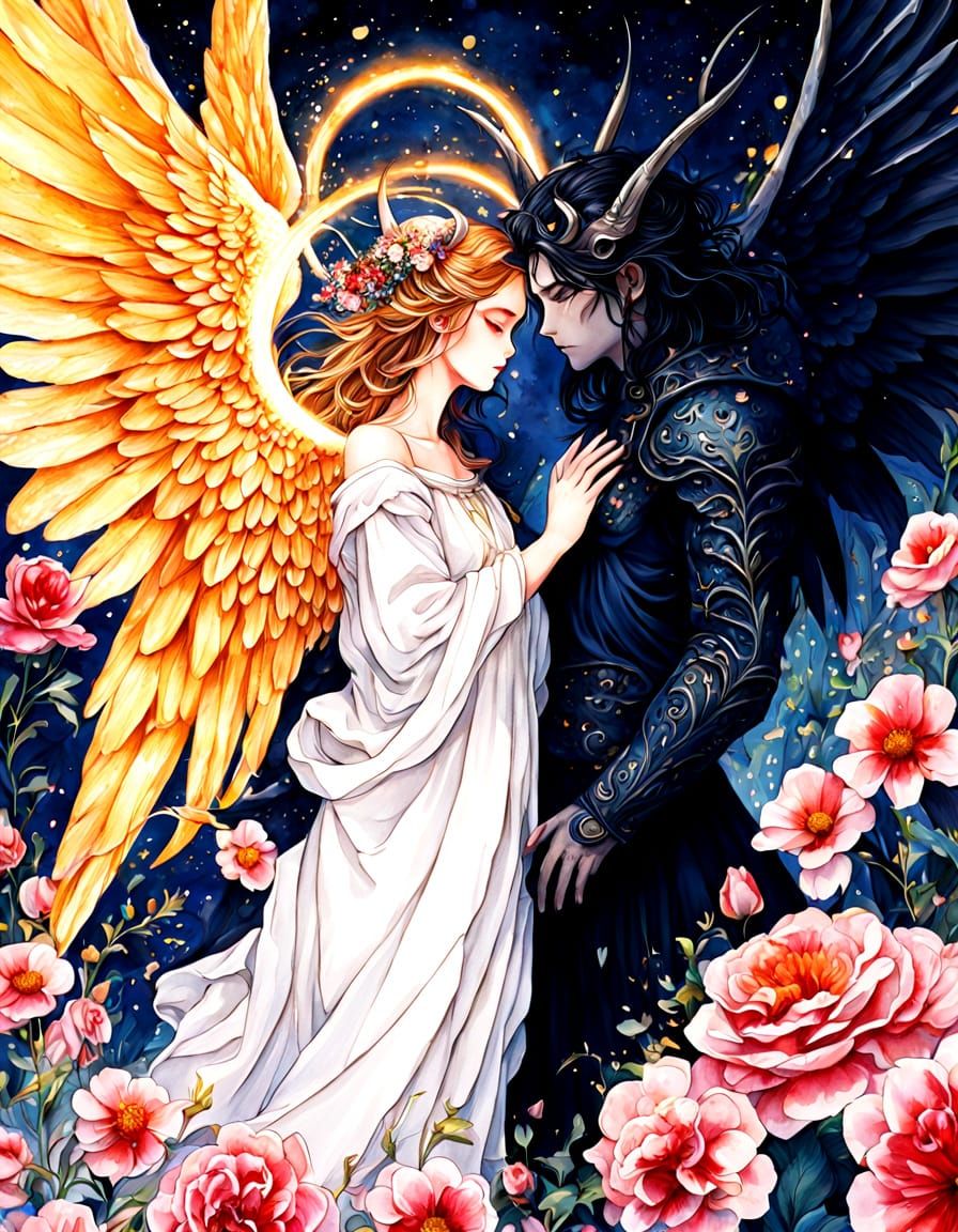 Angelic Demon Romance in Vibrant Manga Style