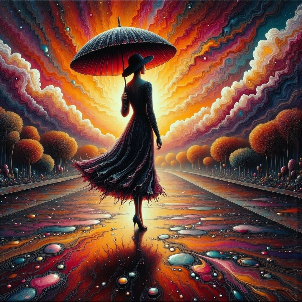 Woman with Umbrella Walking in Rainy Sunset