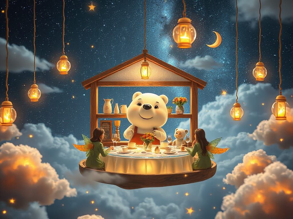 Dreamlike Floating Cafe in Starry Sky with Polar Bear Chef