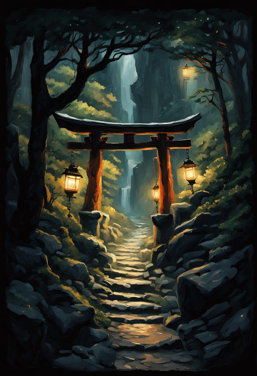 Mystical Figure in Impasto Torii Gate Painting