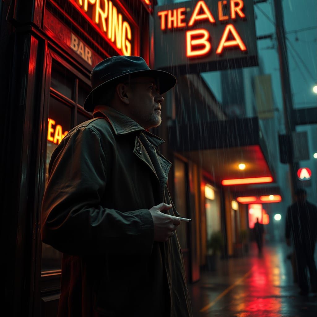 Cyberpunk Private Investigator in Rain-Soaked City