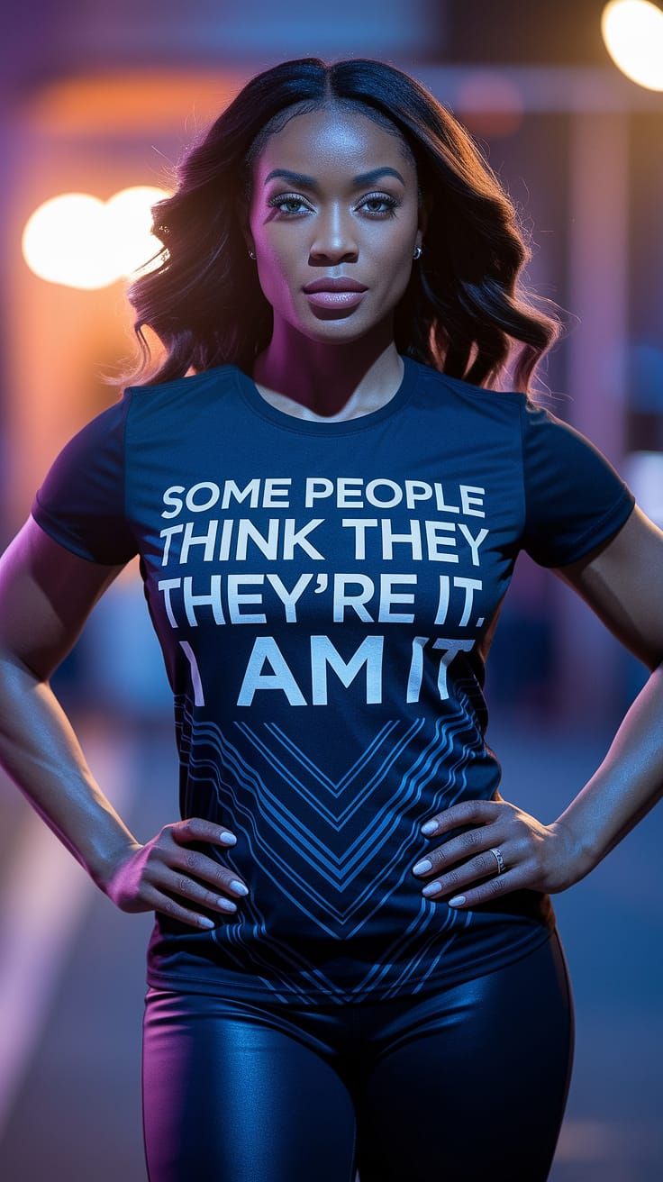 Confident African Woman in Futuristic T-Shirt