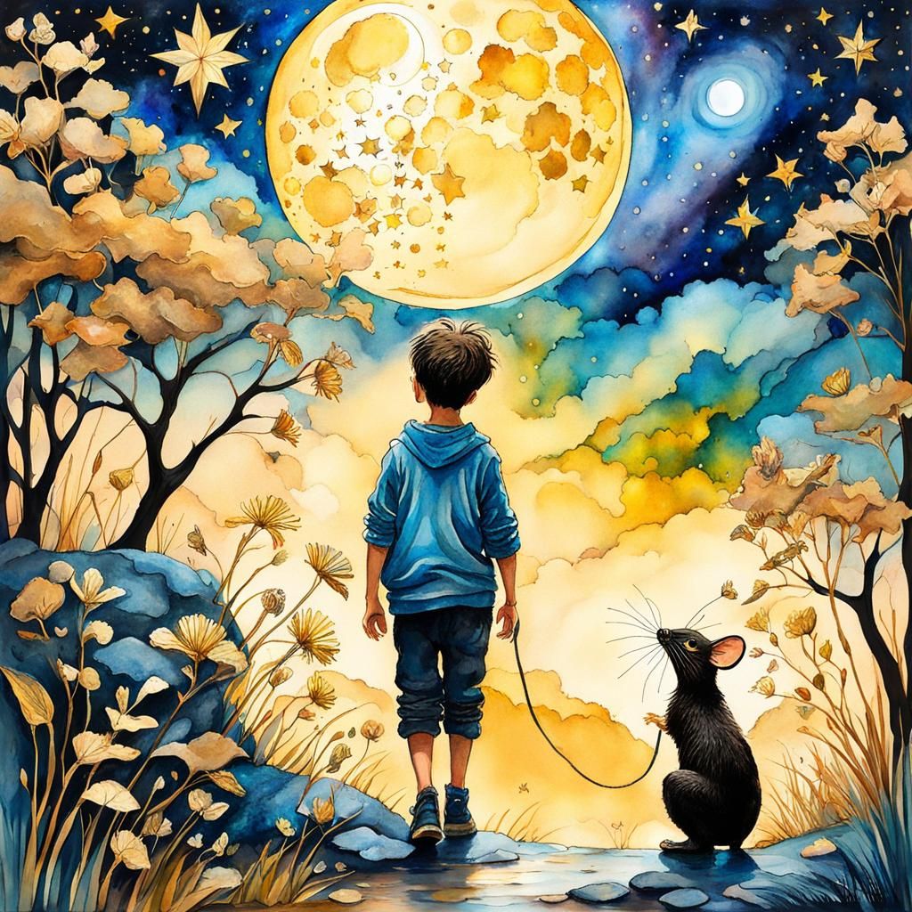 Boy and Mouse Gazing at Stars, Impasto Gouache Painting
