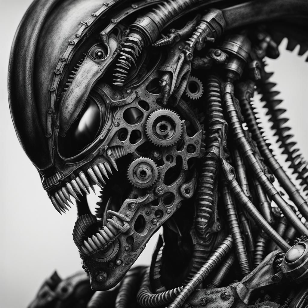Mechanical Xenomorph in Black and White Pencil Art