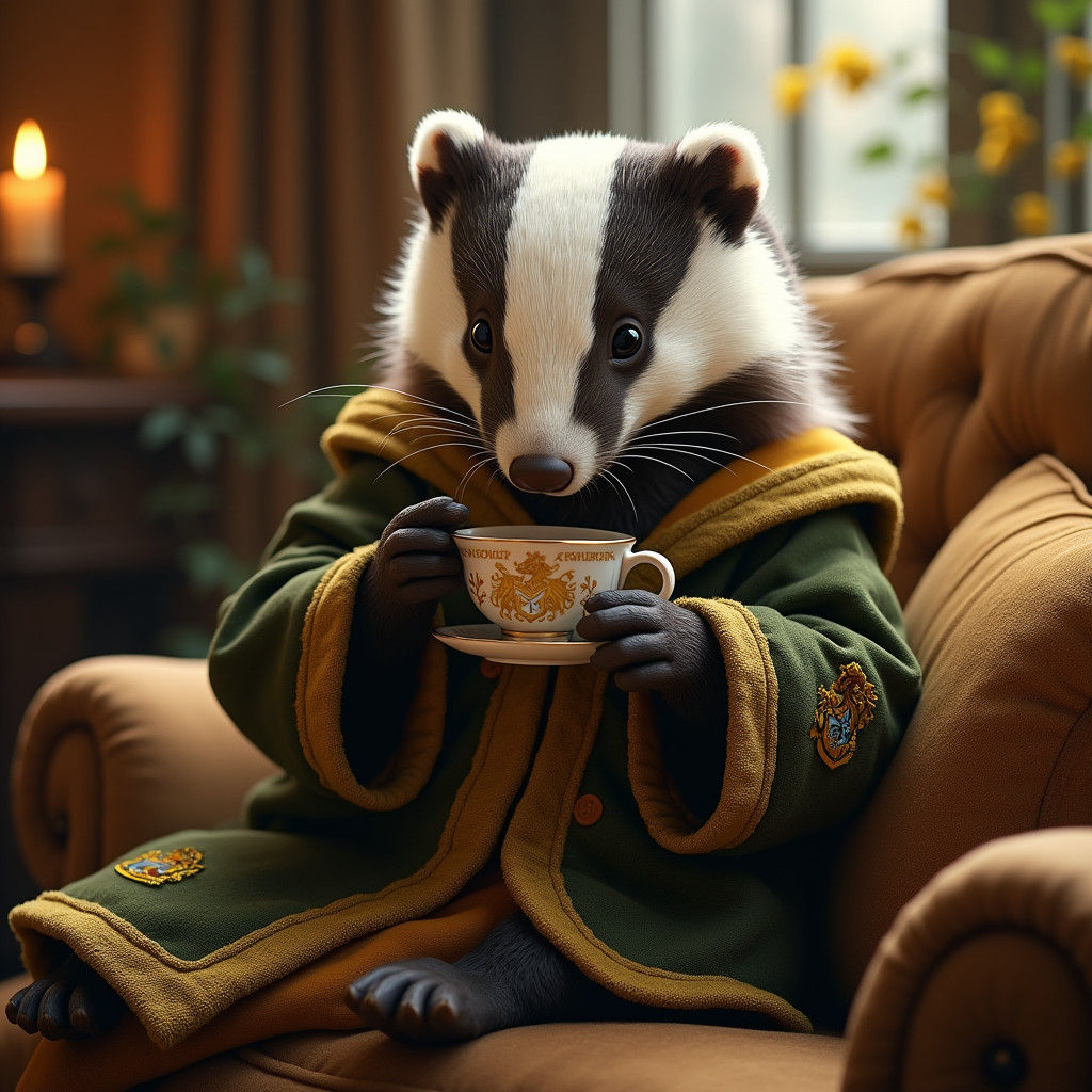 Badger Sipping Tea in Hufflepuff Robes