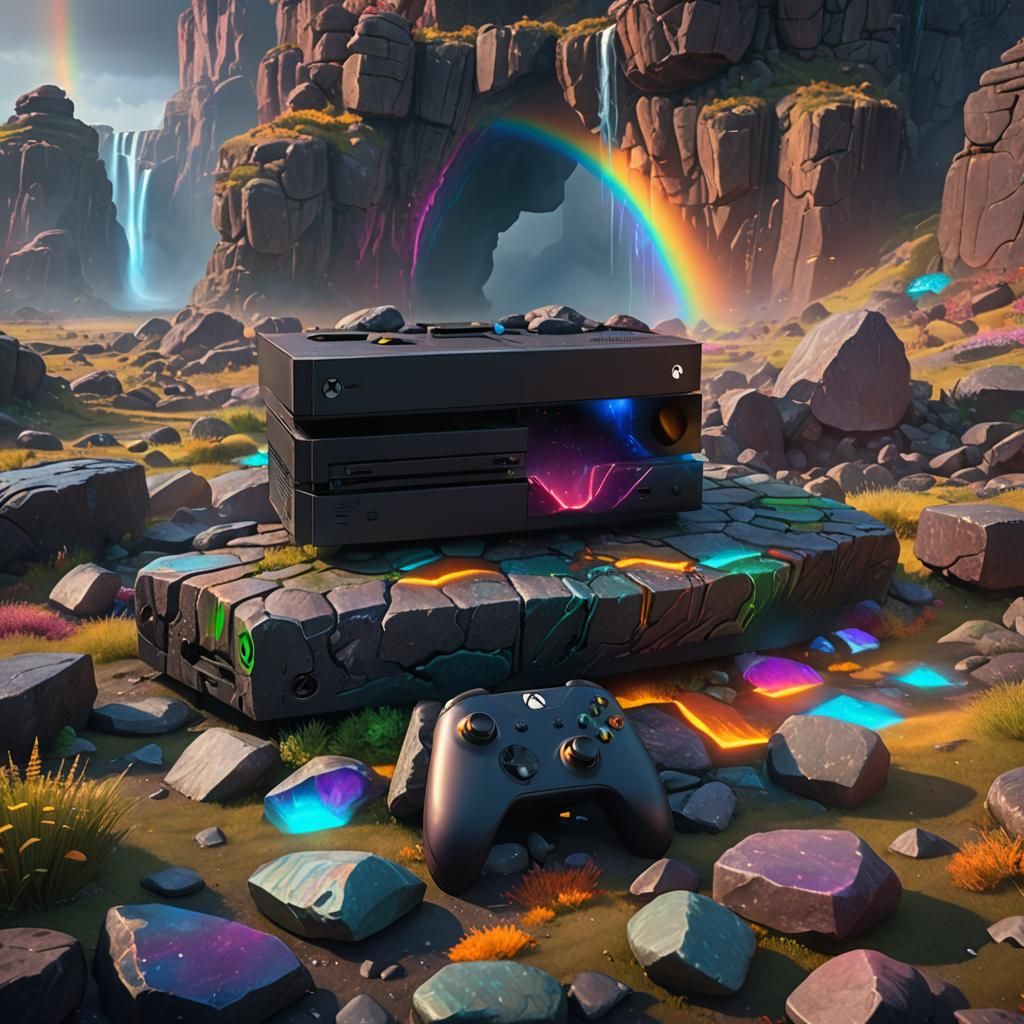 Rainbow Xbox Console in Mystical Landscape