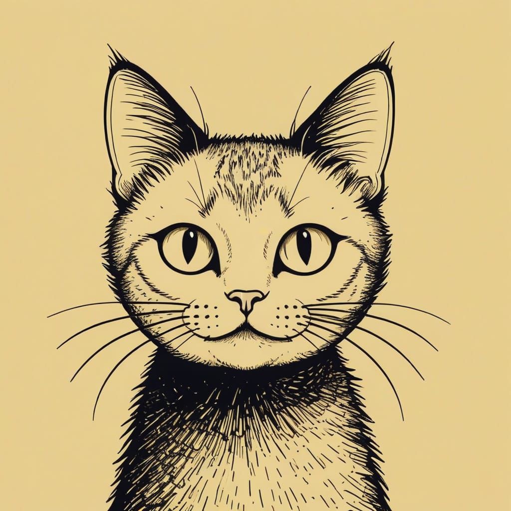 Minimalist Cat Caricature Doodle in Black and Yellow