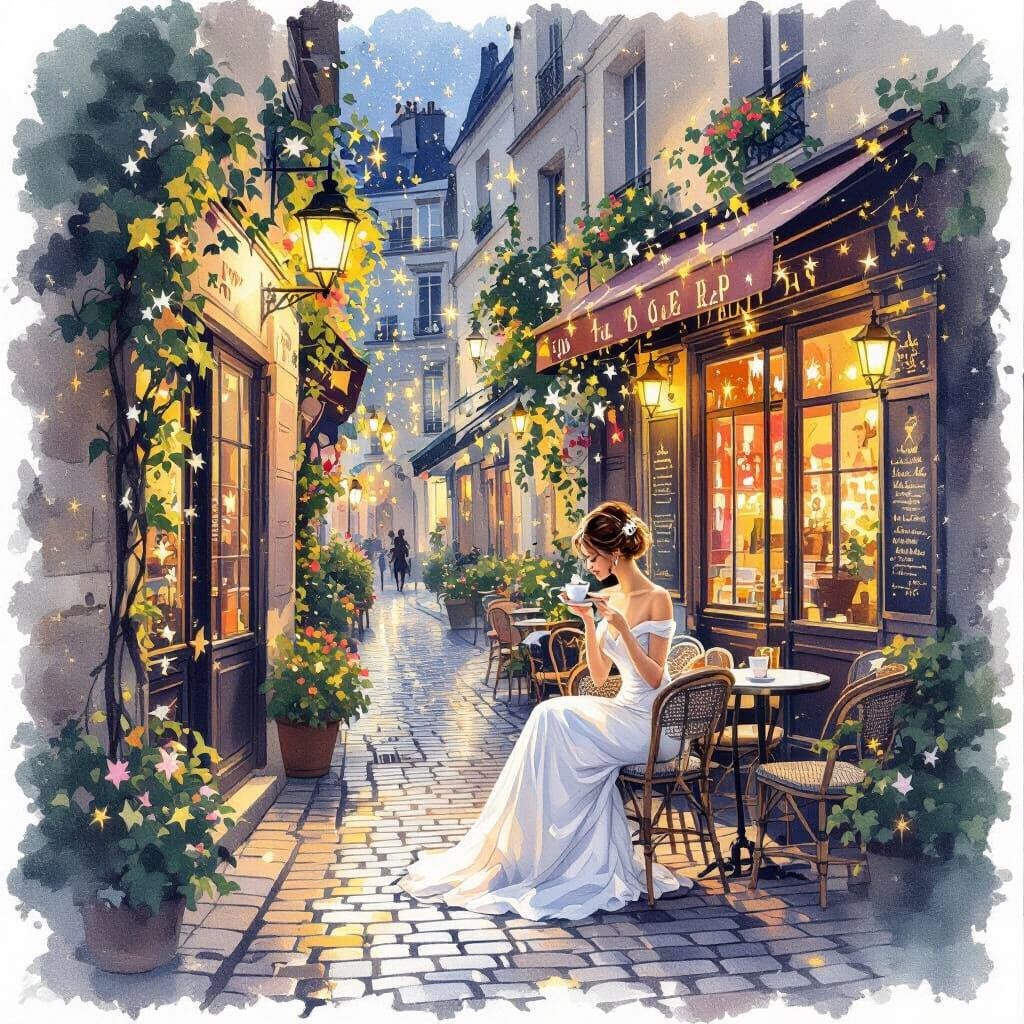 Parisian Cafe Scene with Woman and Morning Glories