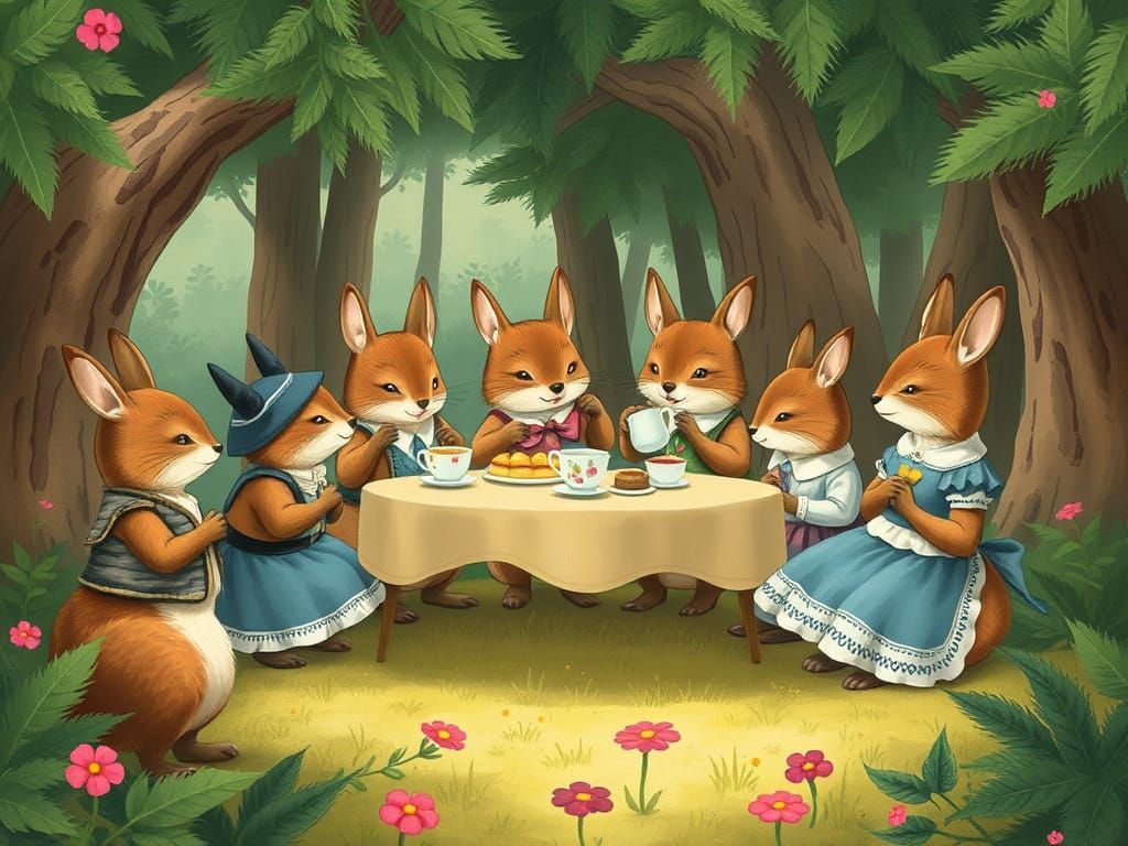 Anthropomorphic Animals' Tea Party in Cozy Forest Clearing