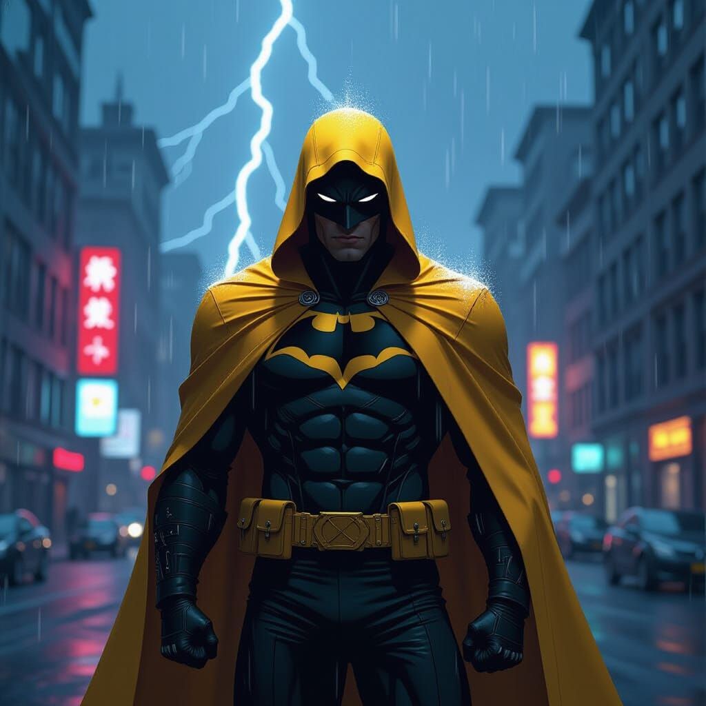 Gritty Superhero in Yellow Cape Against Lightning Cityscape