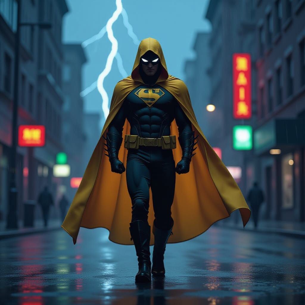 Superhero Silhouette in Neon Cityscape at Night