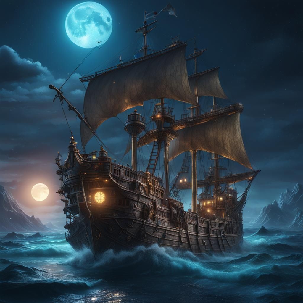 Fantastical Moonlight Ship in Detailed Matte Painting