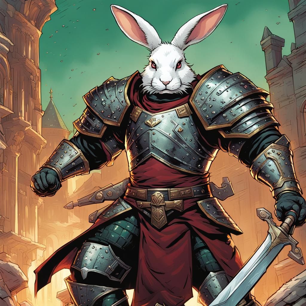 Rabbit Knight with Warhammer in Comic Book Style