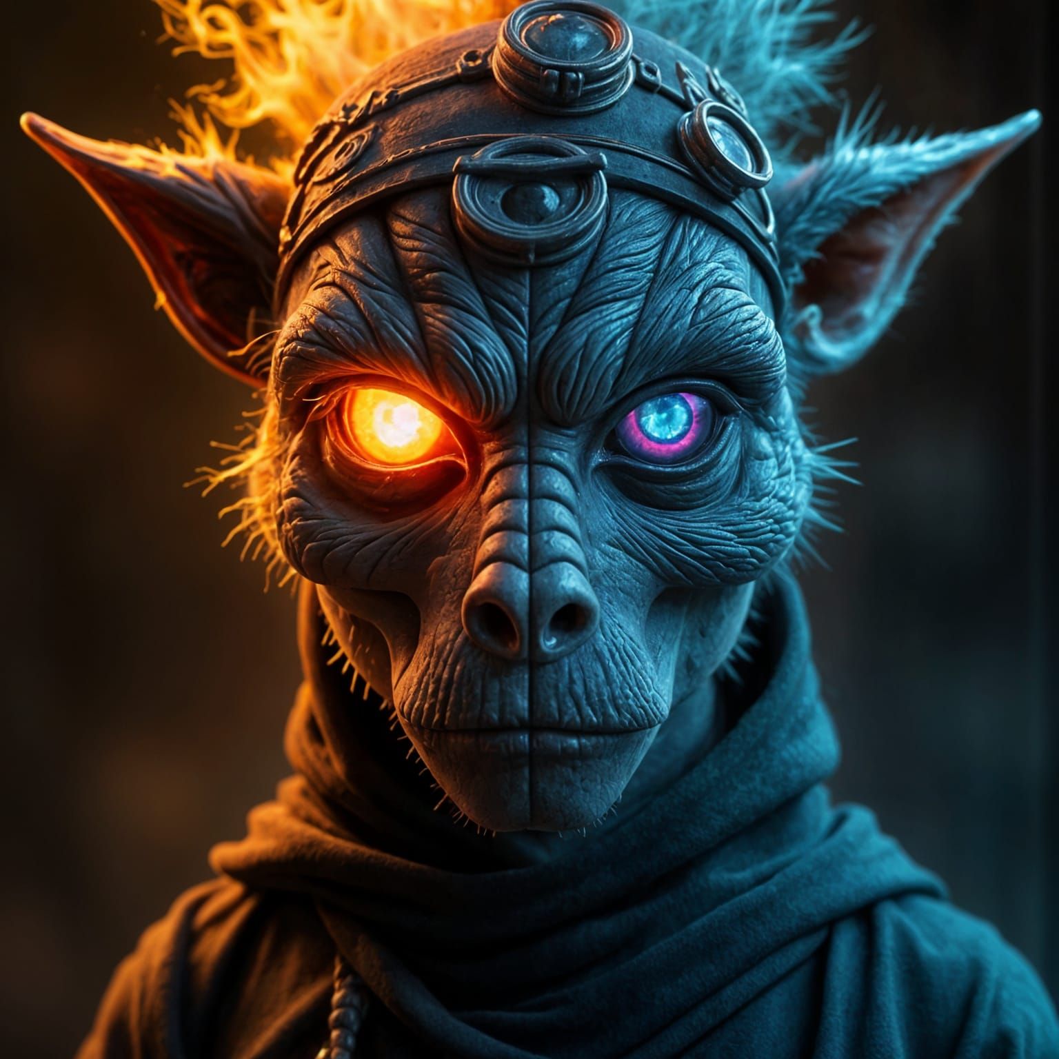 Dual-Natured Character with Flaming Skull and Cosmic Face