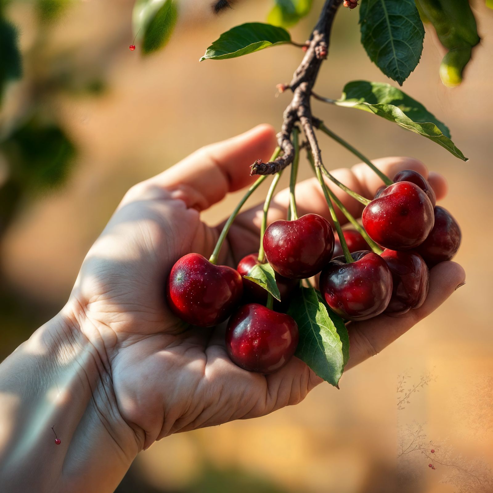 Realistic Image of Cherries and Hand in Soft Focus