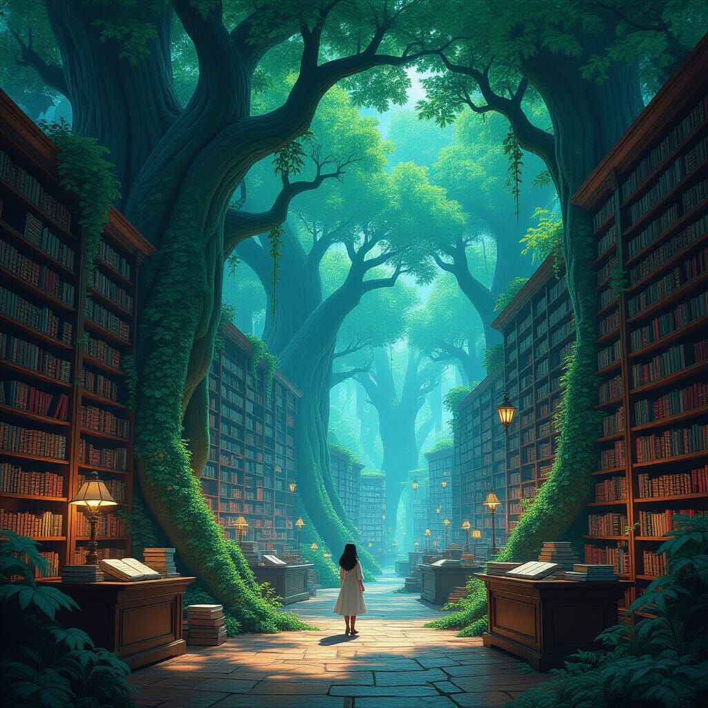 Enchanted Biopunk Library in Studio Ghibli Style