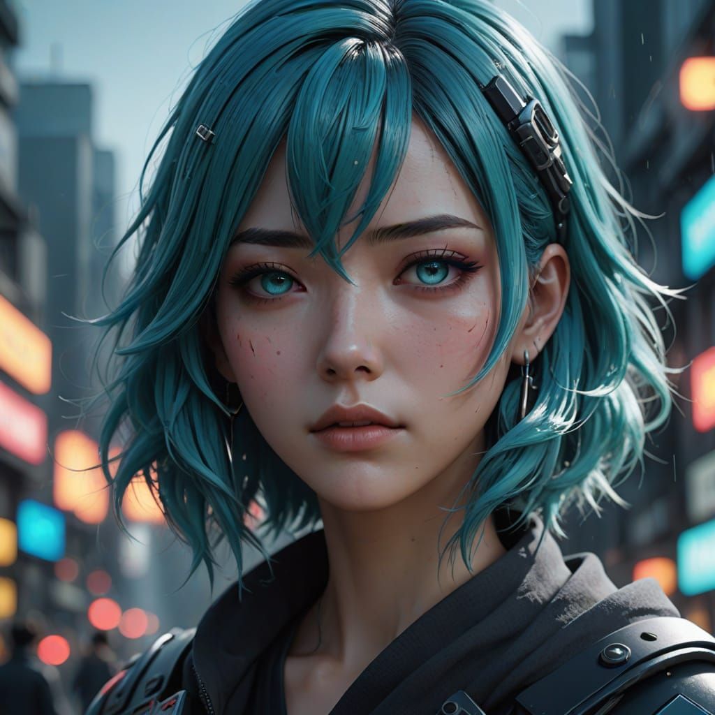 Sorrowful Moe Girl with Vibrant Teal Hair