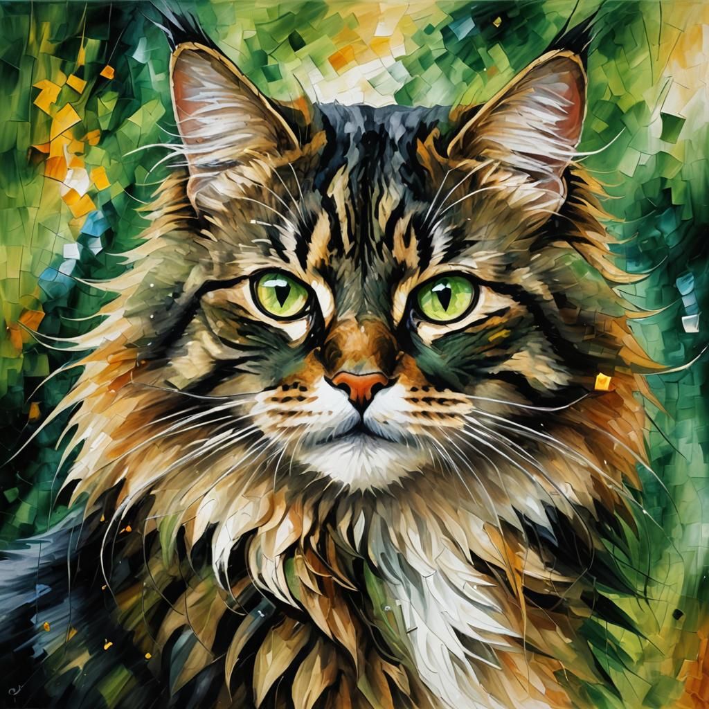 Tabby Cat with Green Eyes in Impasto Style