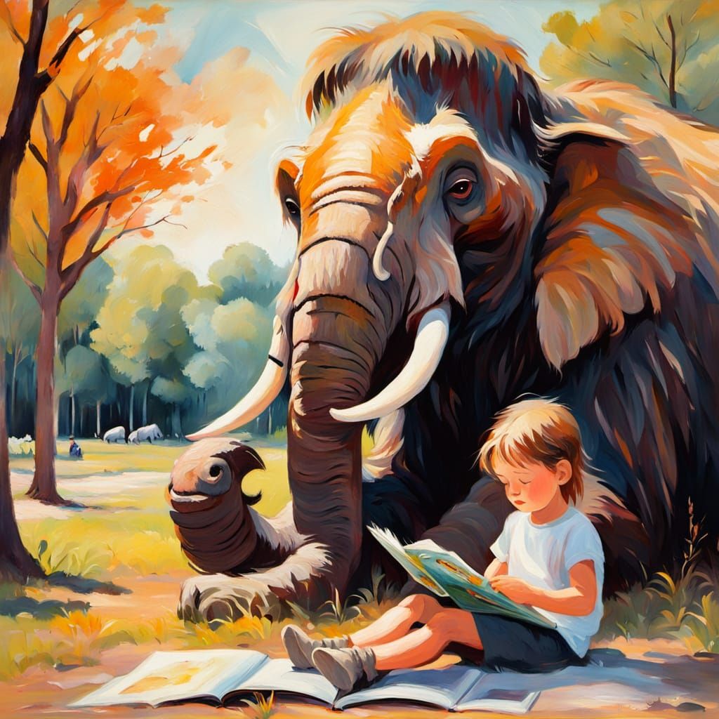 Mammoth and Child Reading Comics, Impressionism Style