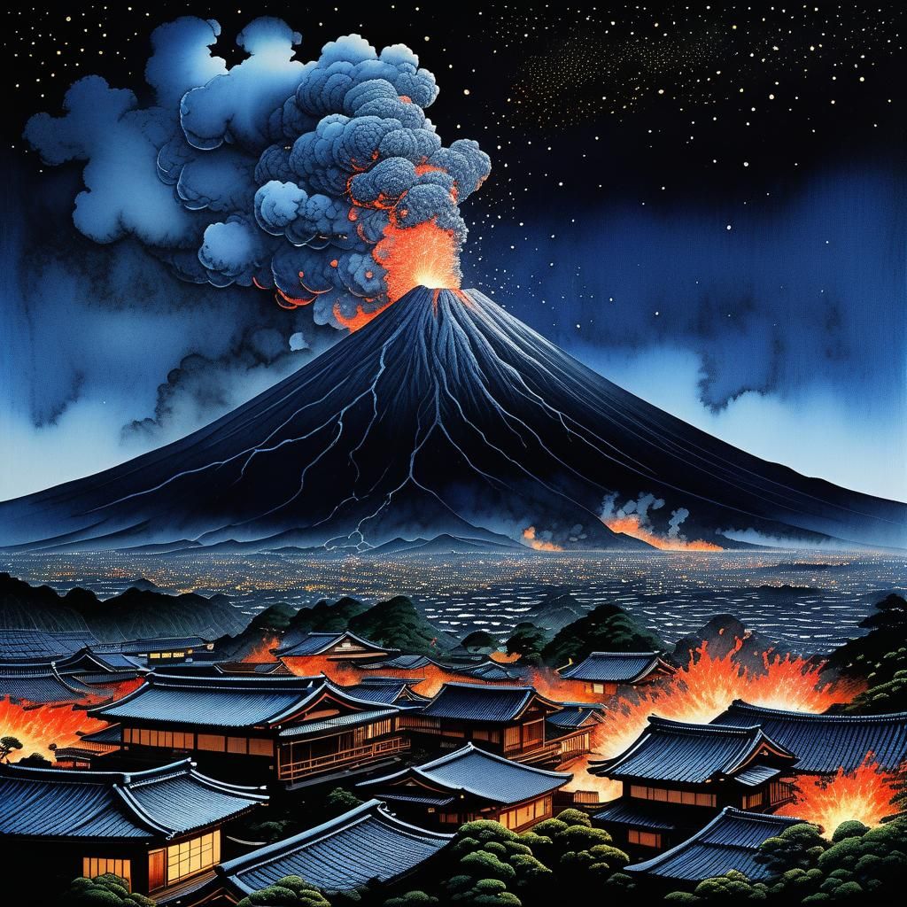 A Volcano Going Off In A Japan Village Town