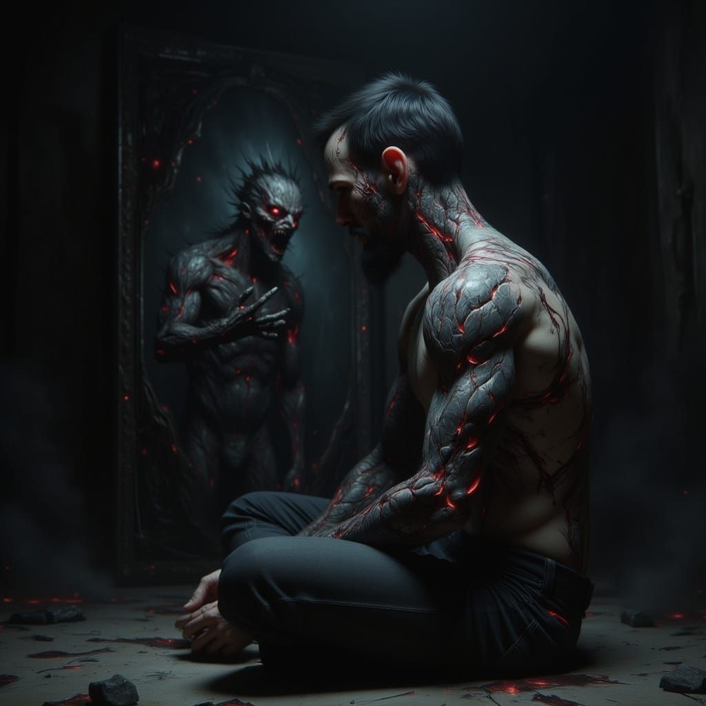 Ominous Tattooed Man Confronts Demonic Reflection
