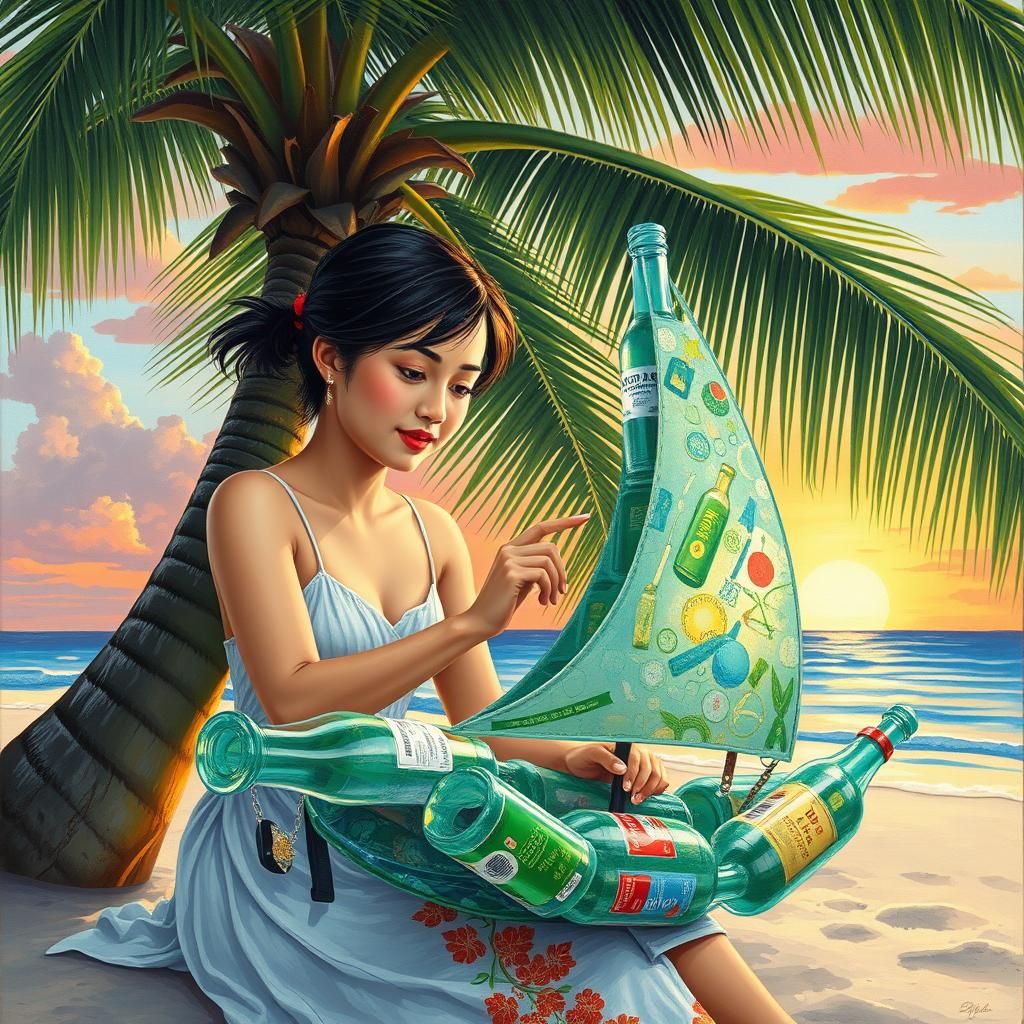 Asian Woman Crafts Yacht from Recycled Bottles