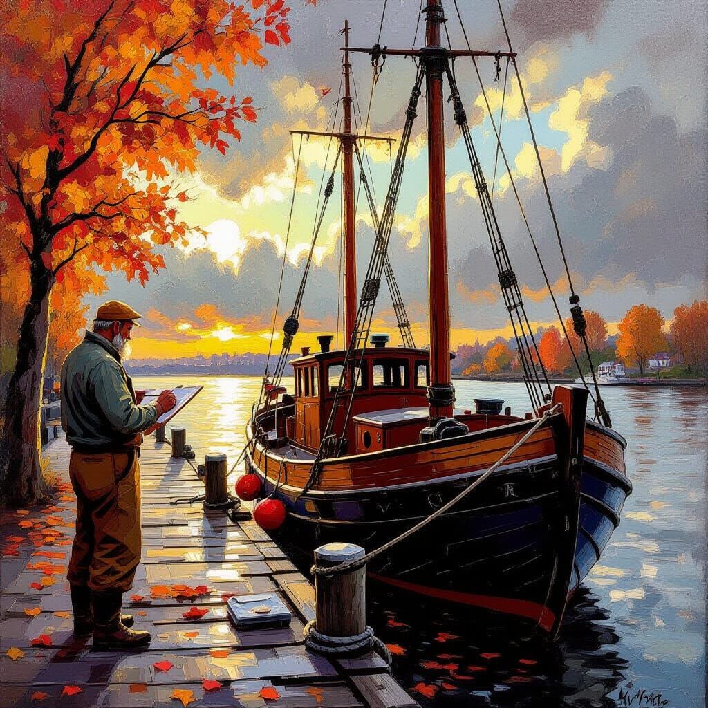 Skipper Painting Ship in Autumn Light, Impasto Style