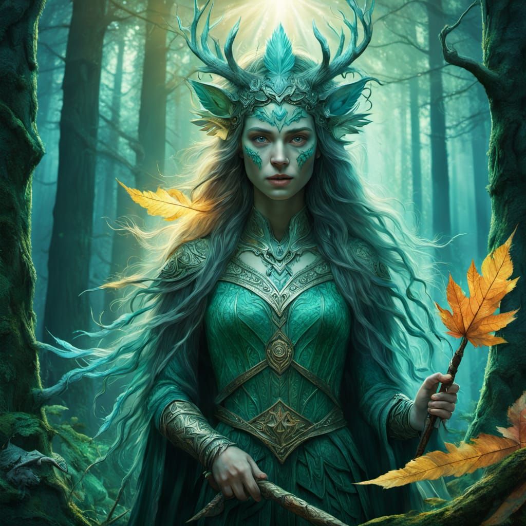 Mystical Dryad Ritual in Enchanted Forest, Fantasy Oil Paint...