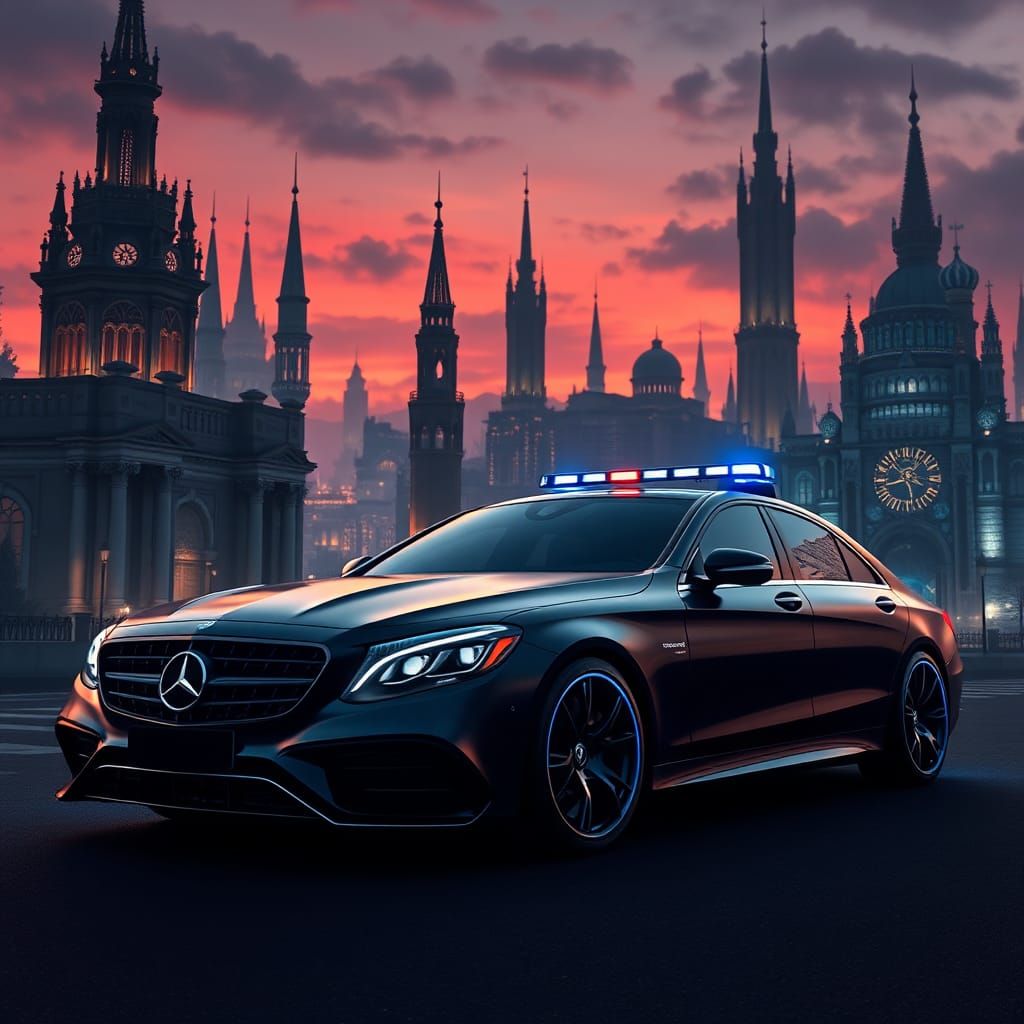 Futuristic Mercedes Police Car in Fantasy Cityscape
