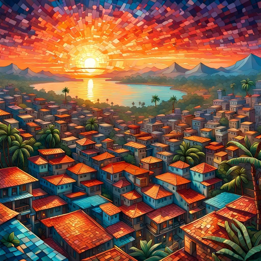 Kerala City Sunset in Mosaic Tiled Surrealism