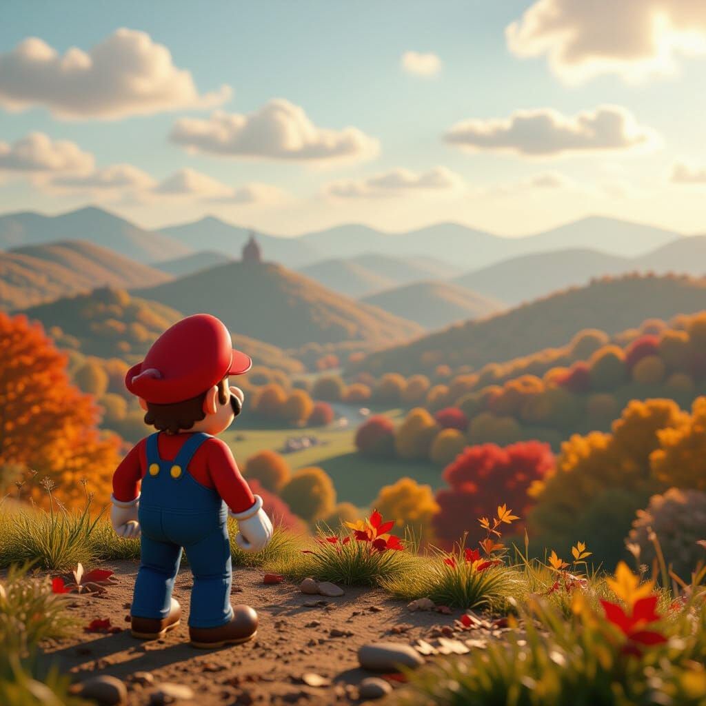 Mario Surveys Autumn Landscape in Cinematic Style
