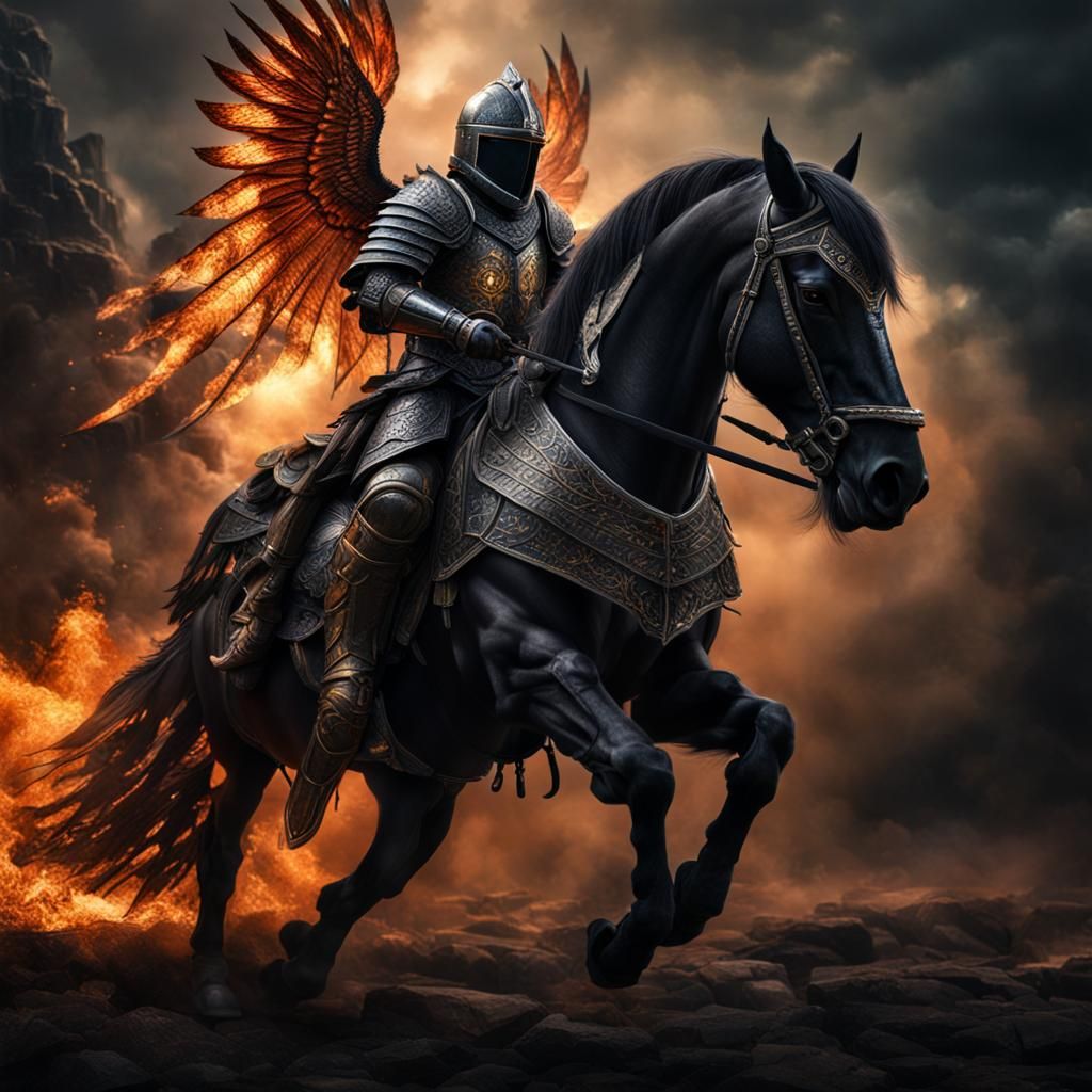 Fiery Winged Horse and Black Knight in Armor