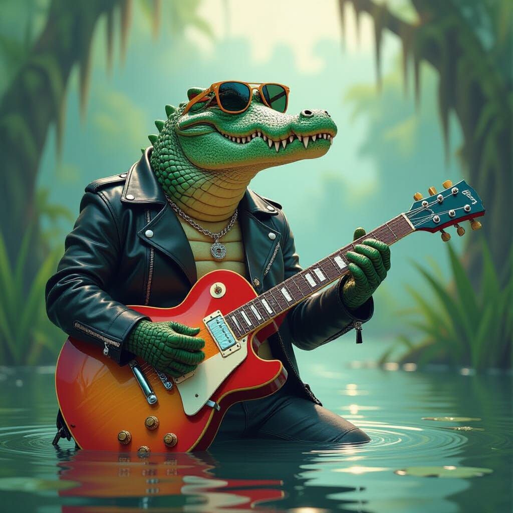 Rockstar Crocodile in Swamp with Vibrant Lighting