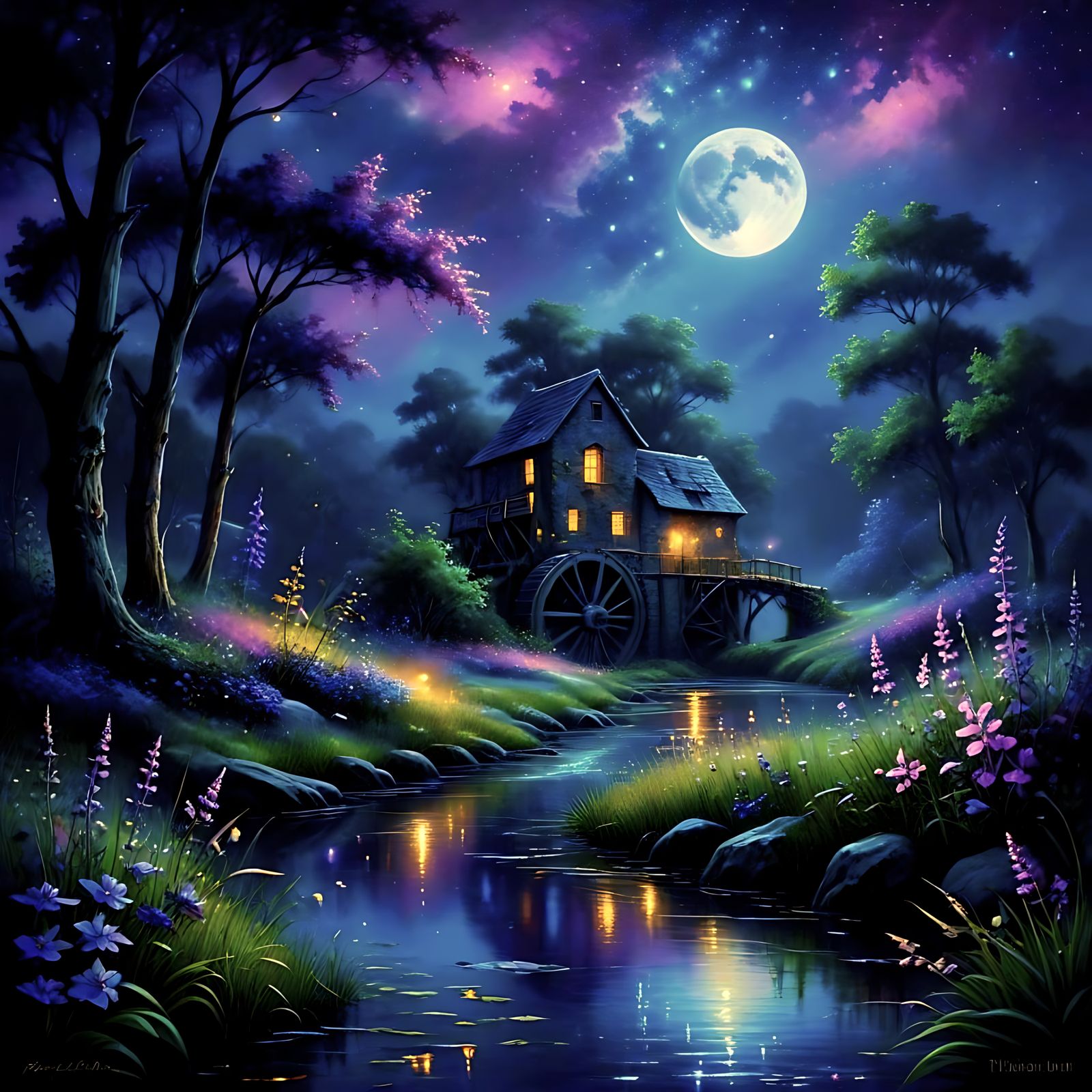 Moonlit Water Wheel in a Peaceful Nighttime Landscape