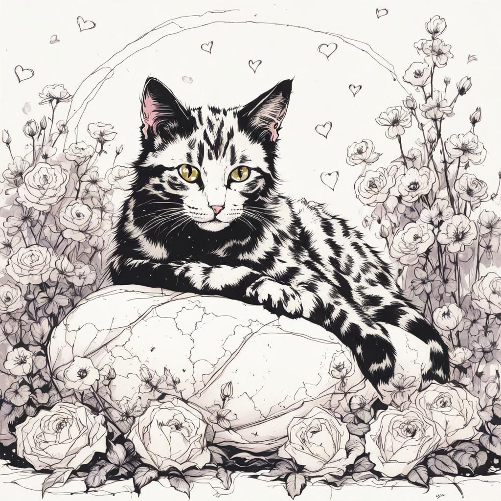 Cute Cat Surrounded by Flowers in Dynamic Style