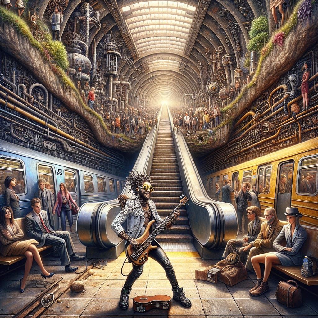 Vibrant Subway Station at Rush Hour with Steampunk Elements