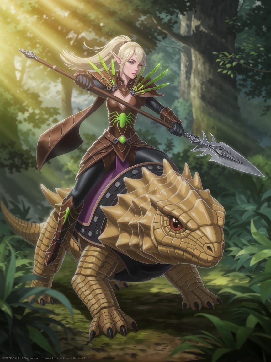 Elven Warrior Rides Majestic Lizard Through Sunlit Forest