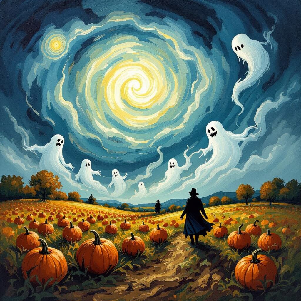 Surreal Pumpkin Patch Under Ghostly Sky, Van Gogh Style