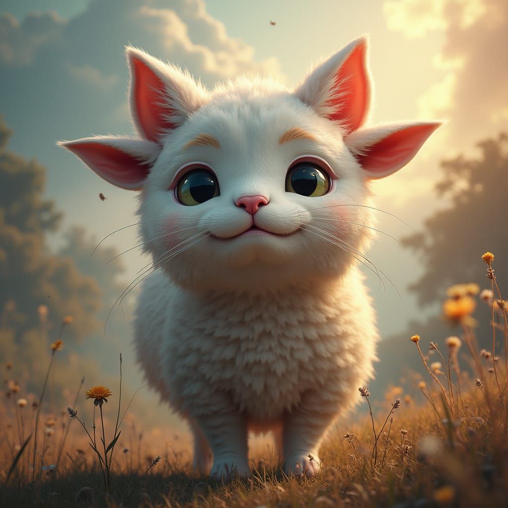 Surreal Cat-Sheep Hybrid in Dreamlike Landscape