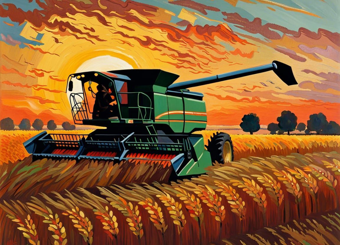 Combine Harvester at Sunset: Impressionistic Autumn Landscap...