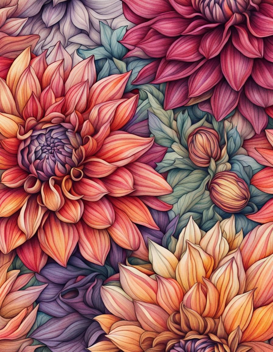 Vibrant Botanical Ink Illustration of Dahlias